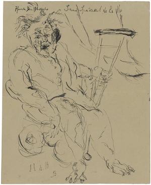 Mann mit Krücke im Rollstuhl; verso: Skizze eines Kopfes, 1914