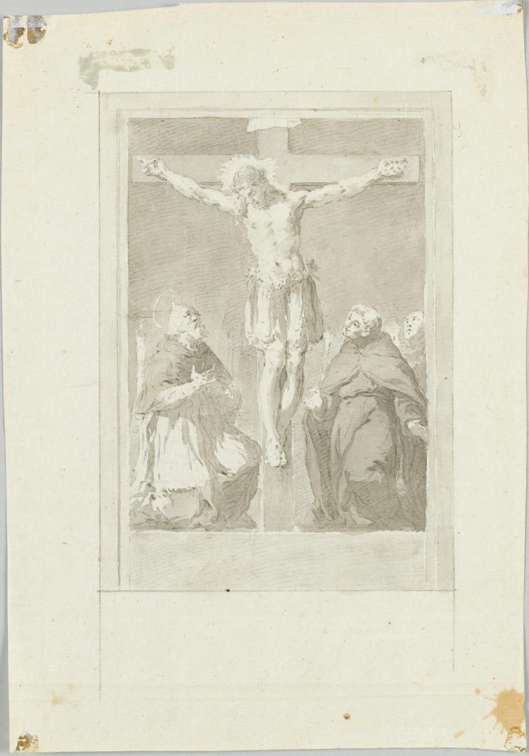 Der gekreuzigte Christus, von einem Heiligen und zwei Mönchen verehrt