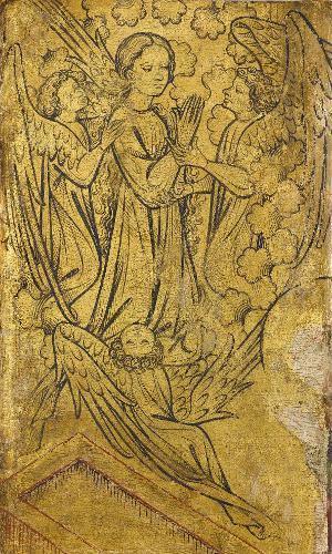 Sogenannter Ulmer Hochaltar: Fragment des Marientodes: Maria wird von Engeln in den Himmel geleitet, um 1400