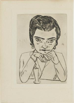 Bildnis Frau Dr. H. M. [Hildegard Melms, gen. Naïla (1896-1949)] mit aufgestützten Armen und Glas, 1923