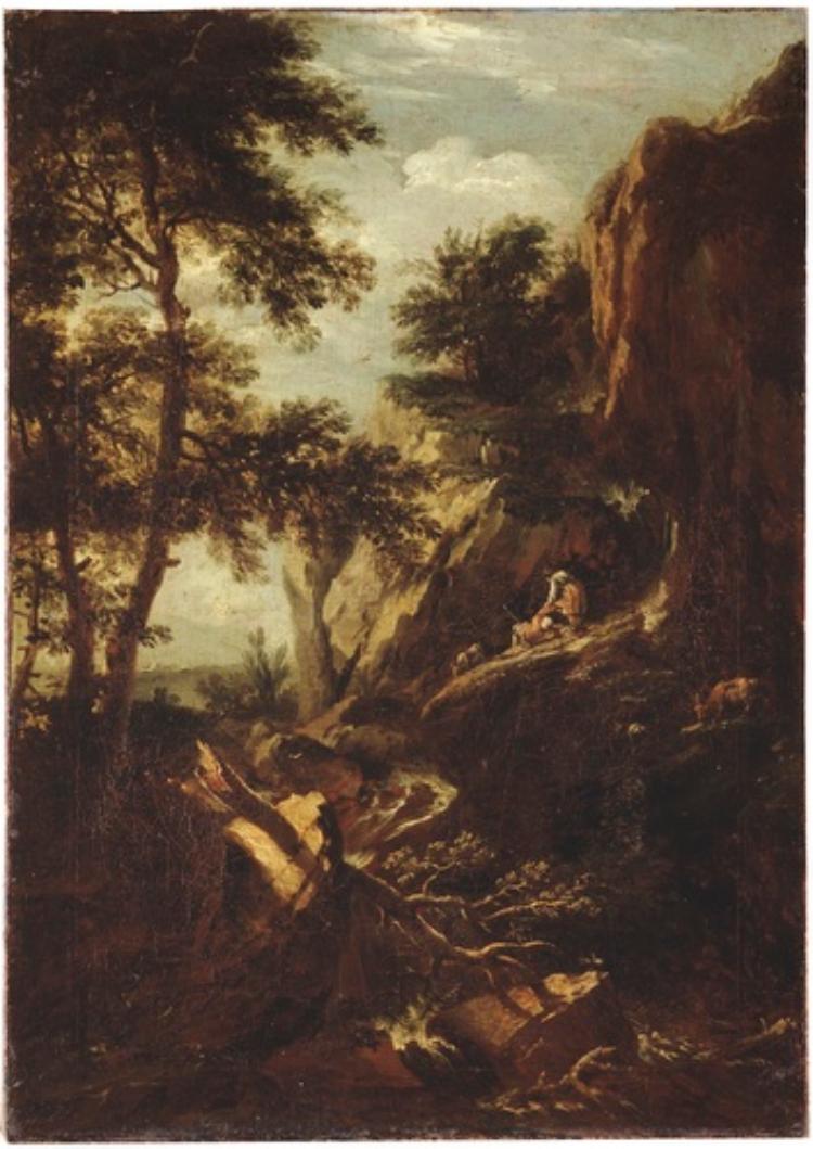 Felslandschaft mit Gebirgsbach, einer männlichen und einer weiblichen Figur