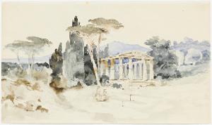 Italienische Landschaft mit antikem Tempel, (1829)