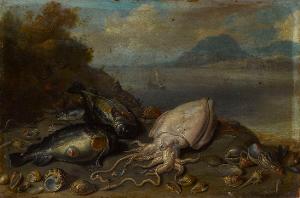 Fische und Muscheln am Strand, 1660