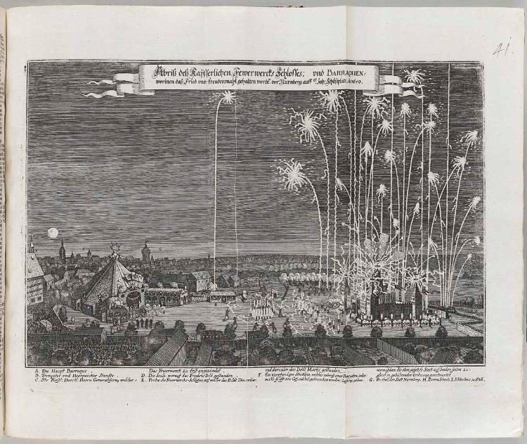 Feuerwerk zur Feier des Friedens in Nürnberg 1650 (In: Johann Ludwig Gottfried, Historische Chronik, Band II, Frankfurt a. M. 1775, nach S. 1020)