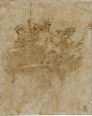 Drei auf einer runden Sockelplatte sitzende Figuren (Entwurf zu einem Brunnen?), um 1610/20