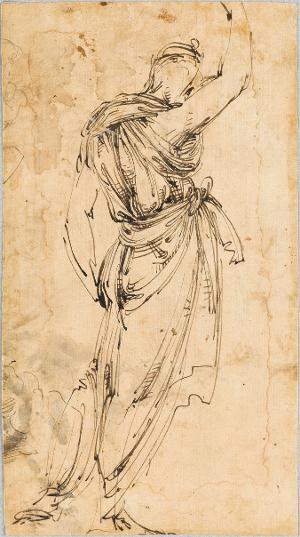 Studie zu einer Gewandfigur (Johannes der Täufer?); Verso: Studie zu Geburt Christi, Frauenkopf, um 1550/60