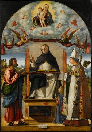 Die Disputation des heiligen Thomas von Aquin mit den Heiligen Markus und Ludwig von Toulouse, 1507