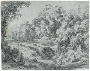 Campagnalandschaft mit Kastell und Wasserfall, um 1660