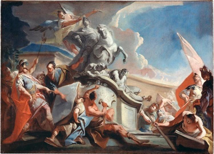 Alexander der Große mit dem Bildhauer Lysipp, den Entwurf seines Reiterstandbildes betrachtend