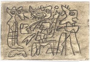 Gilgamesch, Blatt 32: Enkidu tritt ihm entgegen, springt zur Seite und packt ihn fest an der Dicke des Schwanzes. Gilgamesch stößt ihm das Schwert in die Brust., 1943