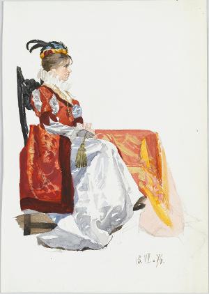 Sitzende Frau in Barockkostüm neben Tisch, 1876
