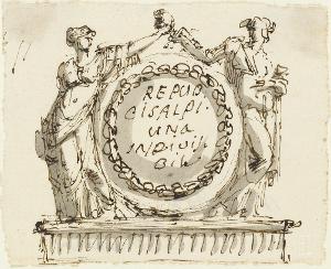 Zwei allegorische Figuren zu Seiten eines Medaillons, 1797/1800