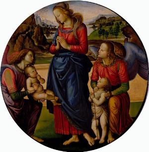 Maria, das Kind anbetend, mit dem Johannesknaben und zwei Engeln, um 1480/1490
