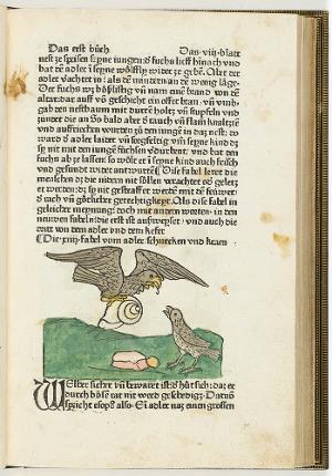 Die 14. Fabel: Vom Adler, der Schnecke und der Krähe (in: Aesopus, Fabeln. Augsburg: Zainer, viij recto), um 1477/1478