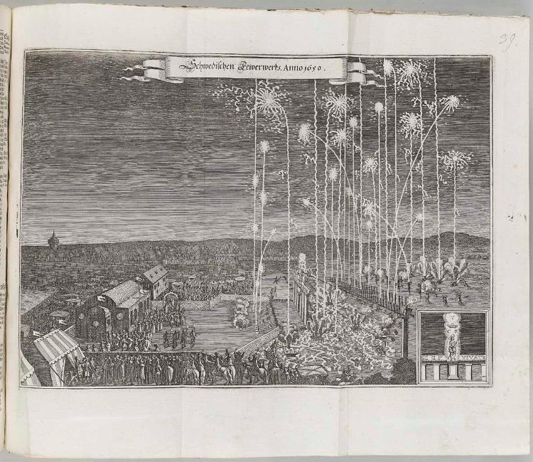 Schwedisches Feuerwerk in Nürnberg 1650 (In: Johann Ludwig Gottfried, Historische Chronik, Band II, Frankfurt a. M. 1775, nach S. 1018)