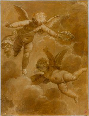 Zwei in Wolken schwebende Putti,, um 1715