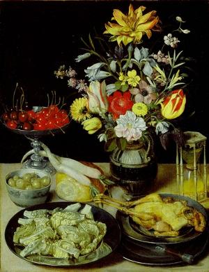 Stilleben mit Blumen und Eßwaren, um 1630