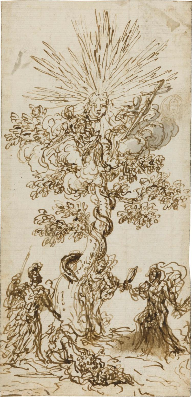 Die Dreieinigkeit im Baum der Erkenntnis; Verso: Rest einer pflanzlichen Dekoration (angeschnitten)