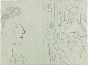 Weibliches Profil nach rechts und Speisesaal mit Menschengruppe; Verso: Brustbild einer weißhaarigen Frau en face, 1943