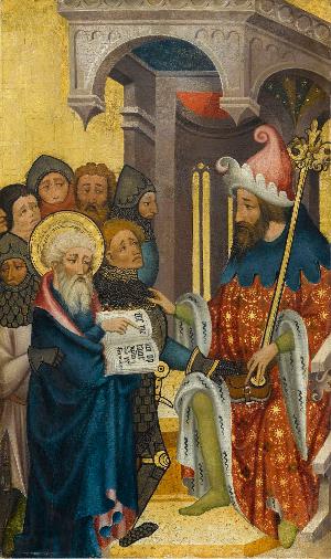 Sogenannter Ulmer Hochaltar: Der Heilige Andreas vor Aegeas, dem Herrscher von Patras, um 1400
