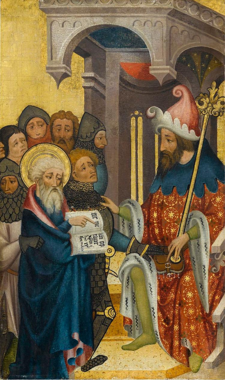 Sogenannter Ulmer Hochaltar: Der Heilige Andreas vor Aegeas, dem Herrscher von Patras