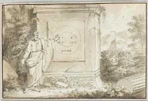 Prophet an einem Jehovah-Stein in Landschaft mit antiken Ruinen, 1721/22