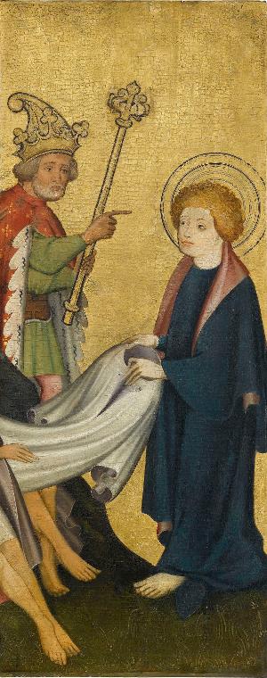 Sogenannter Ulmer Hochaltar: Johannesprobe und zugleich die Totenerweckung und Bekehrung des Aristodemos (Fragment), um 1400