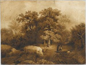 Waldlandschaft mit drei Wanderern, um 1835/40