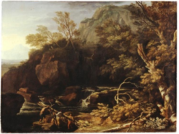 Landschaft mit Gebirgsbach und vier Männern