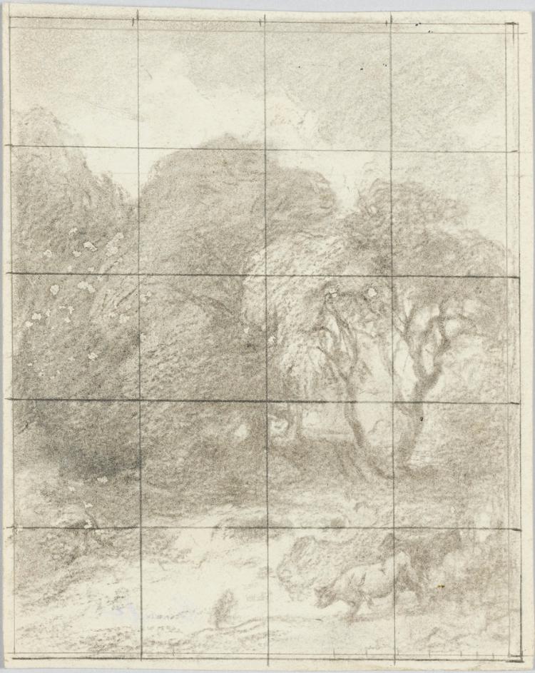 Landschaft mit großen Bäumen, Fluss und Herde; Verso: Bleistiftskizze
