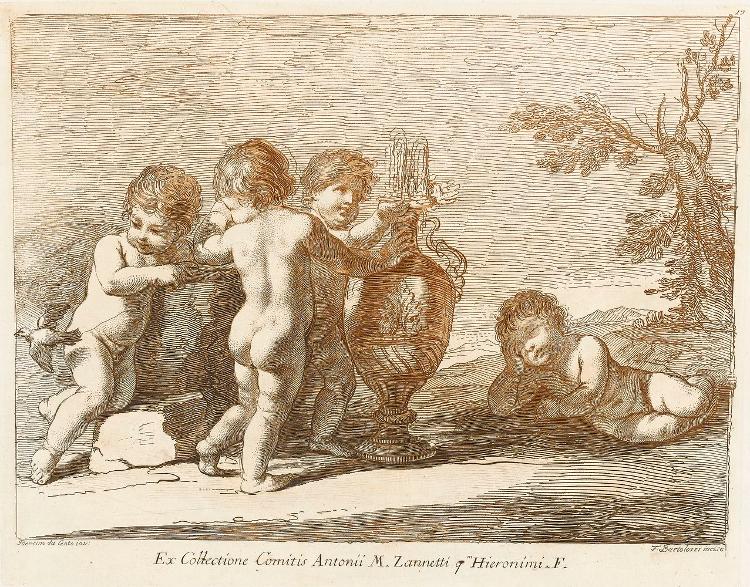 Vier Putti und Vase in Landschaft (Taf. 17 in: Raccolta di alcuni disegni del Barberi da Cento detto il Guercino)