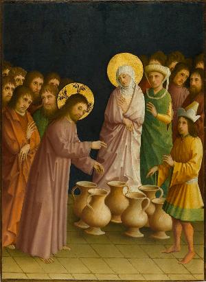 Christus verwandelt auf der Hochzeit zu Kana Wasser in Wein, um 1435