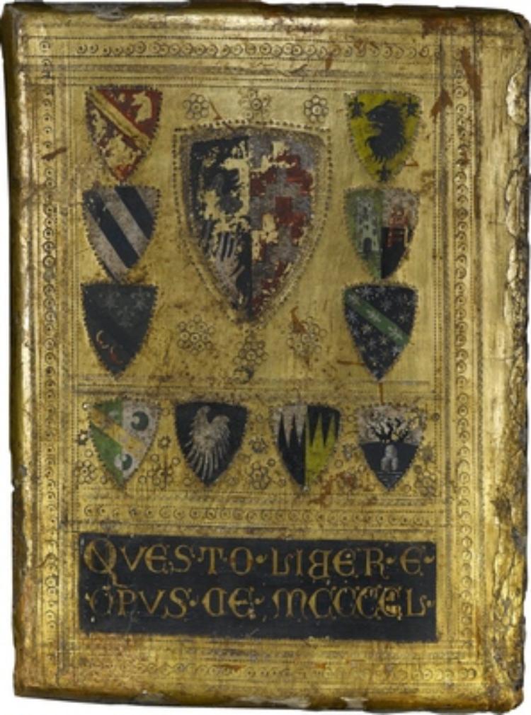 Biccherna-Tafel mit 11 verschiedenen Wappen und Inschrift