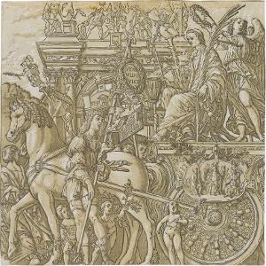 Der Triumphator Julius Caesar auf seinem Triumphwagen (Blatt 9 in: Der Triumphzug Caesars), 1598/99