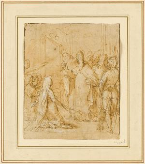 Papst Julius III. öffnet die Porta Santa; verso: Sitzende und nach rechts aufblickende Frau mit nacktem Kind neben sich, um 1575/80